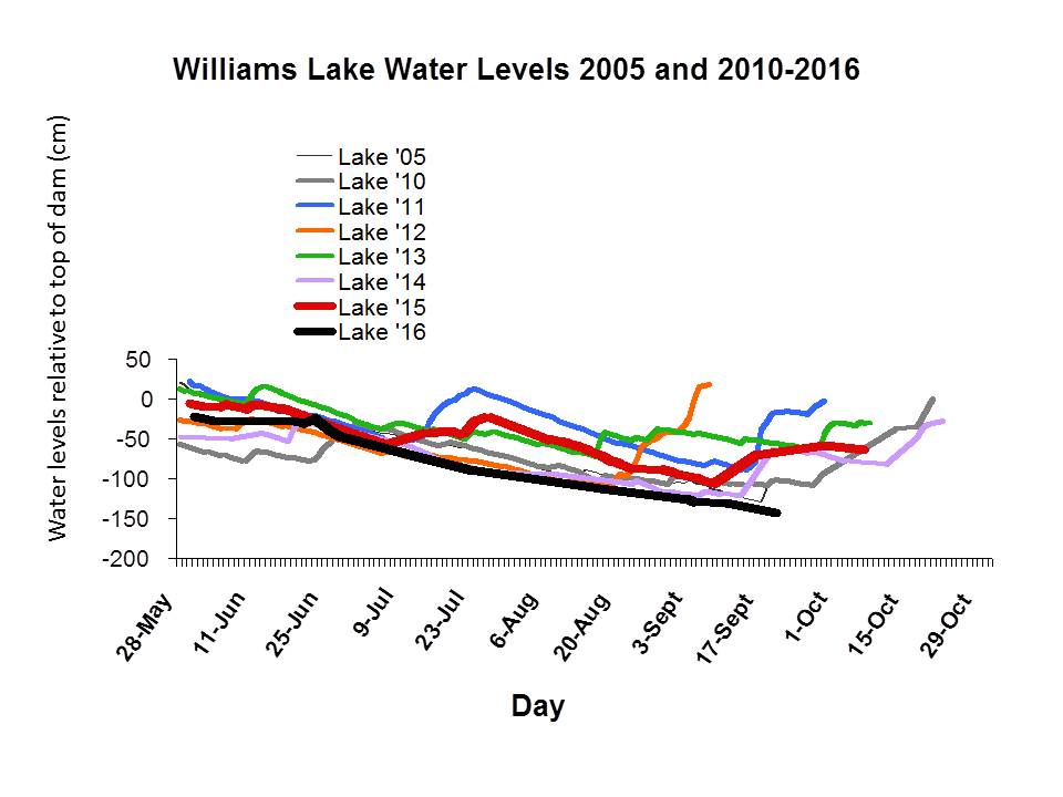 Williams Lake Water Levels to 2016 measured at the dam in cm