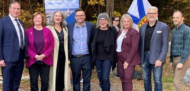 (L to R) David Benoit, Kathleen Hall, Councillor Patty Cuttell, Minister Brendan Maguire, Margo Kerr, Minister Kim Masland, Councillor Shawn Cleary, Johnathan Veale. Photo: Michael Herrick