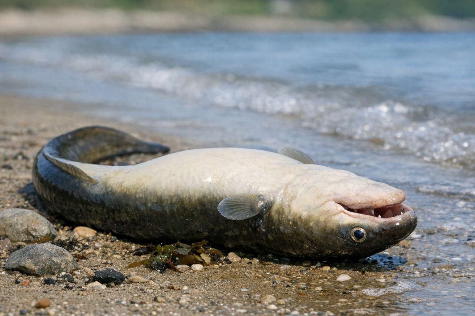 eel lying upside down on the shore (copilot)