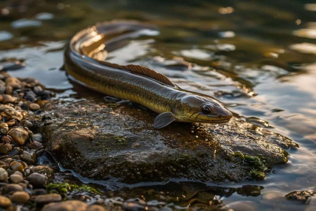 Eel out of water on rock