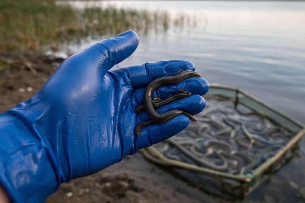 latex gloved hand holding leeches